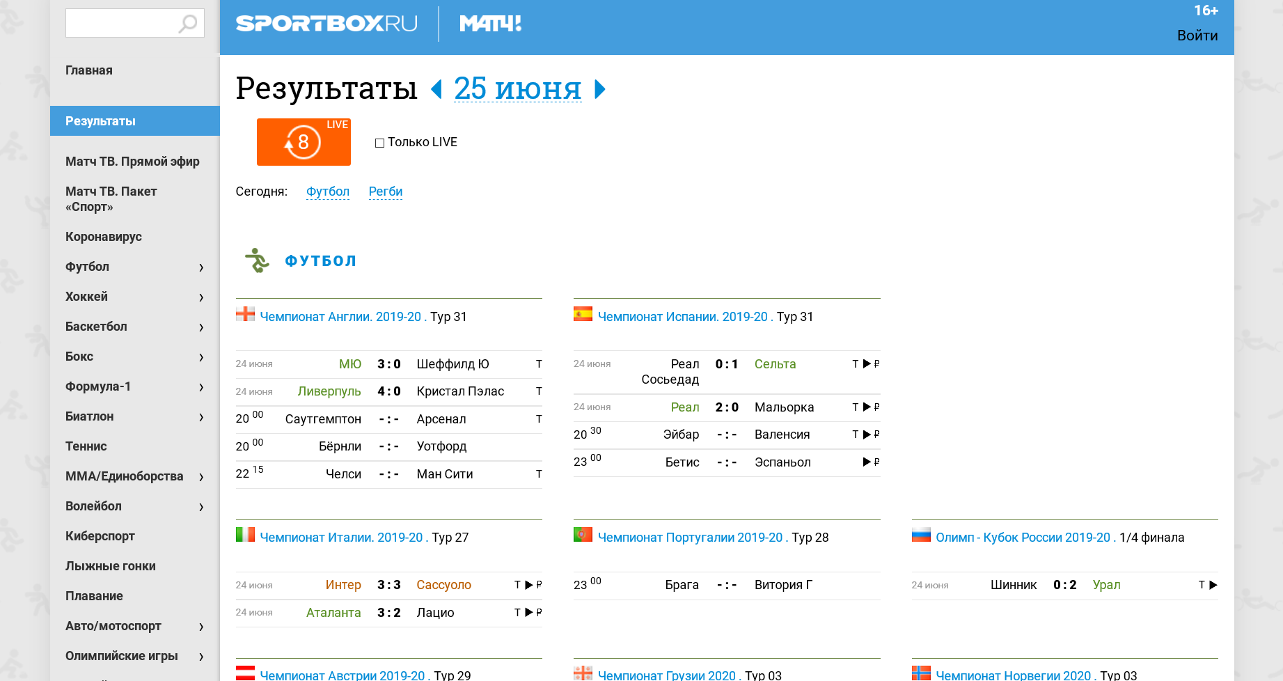 раздел с результатами событий / sportbox.ru