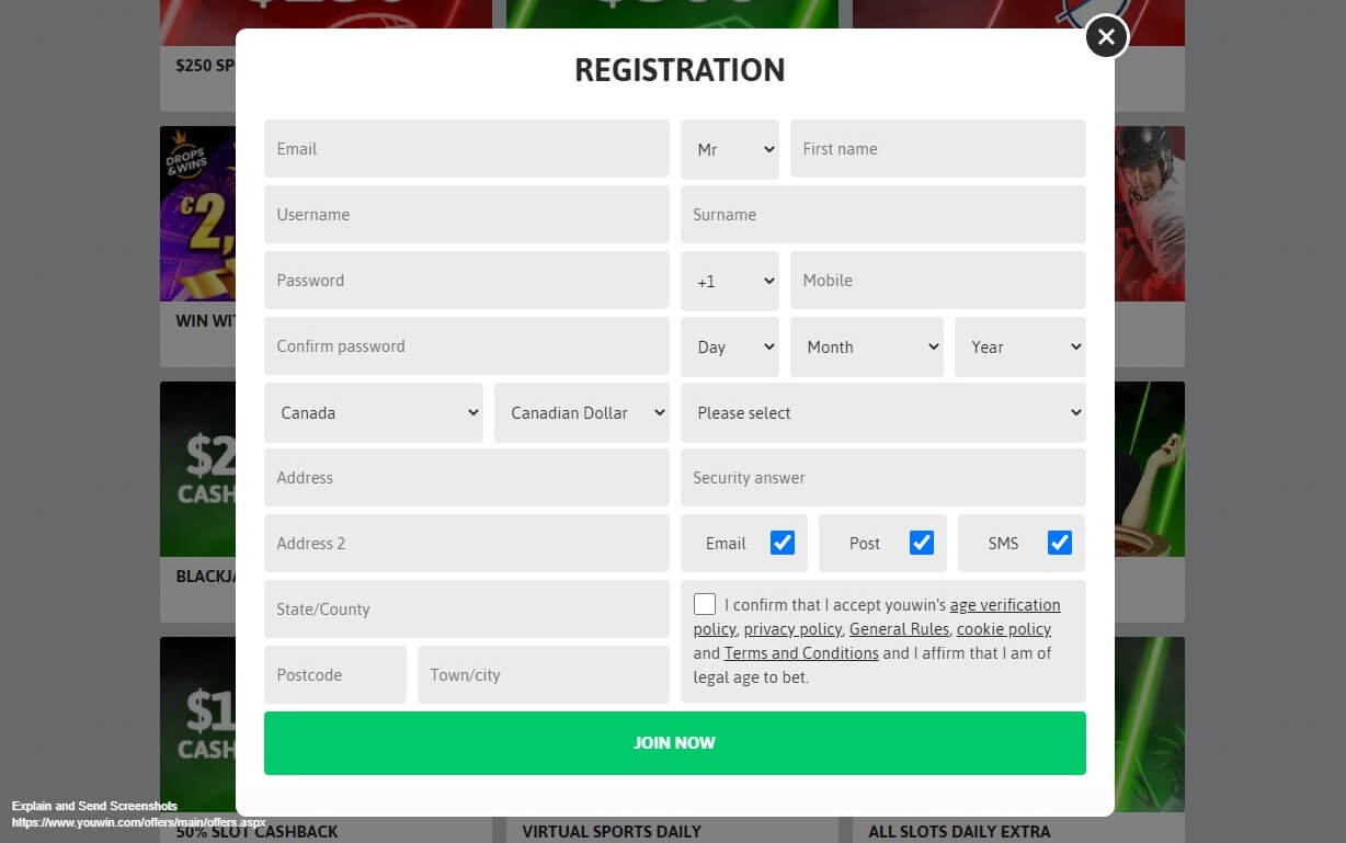 Регистрация в БК Youwin